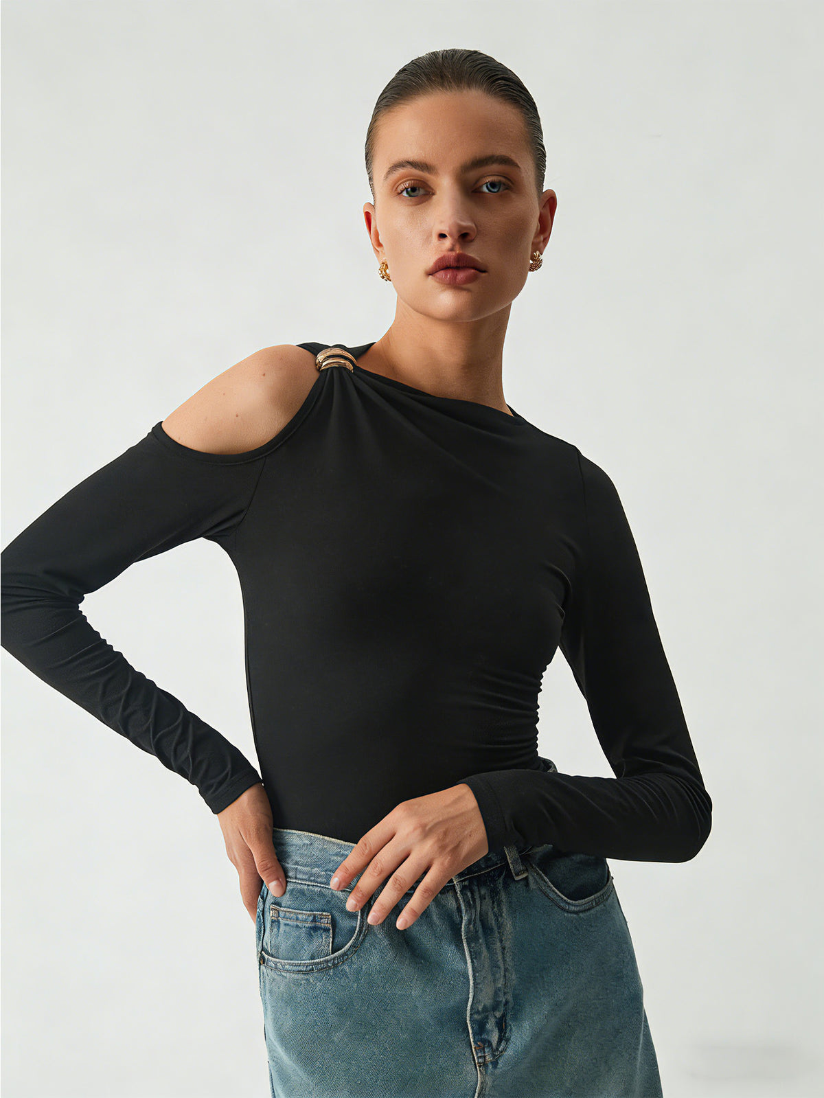 Women's High Neck Off Shoulder Knitted Slim Fit Long Sleeve Top