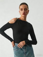 Women's High Neck Off Shoulder Knitted Slim Fit Long Sleeve Top