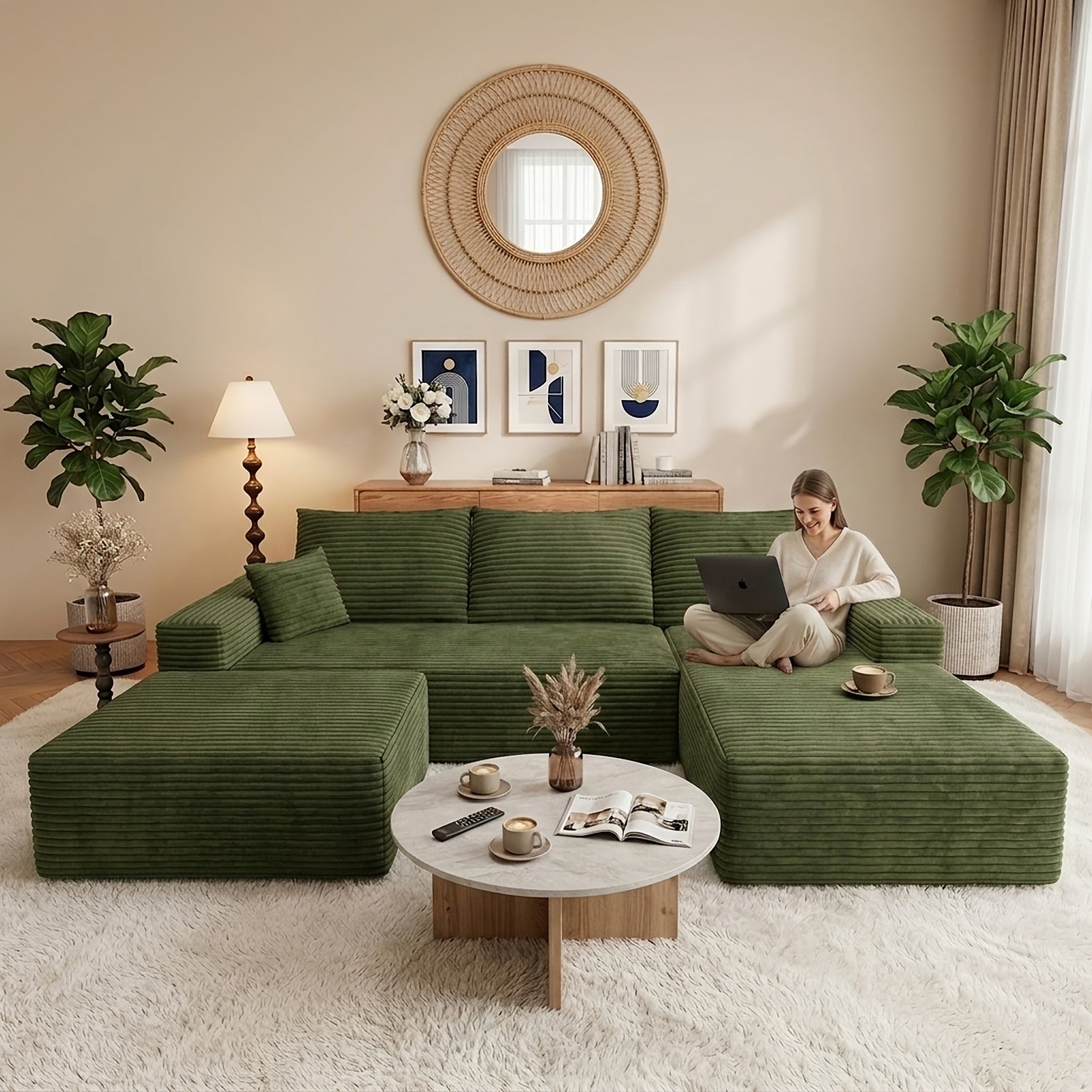 Modular L-shaped chaise longue sofa bed with deep seat and corduroy upholstery