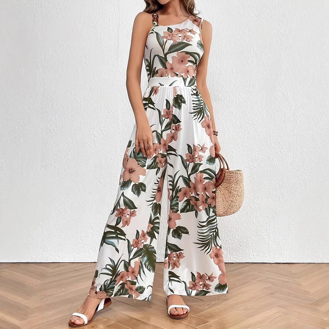 Floral Print Casual Wide-Leg Sleeveless Romper Jumpsuit
