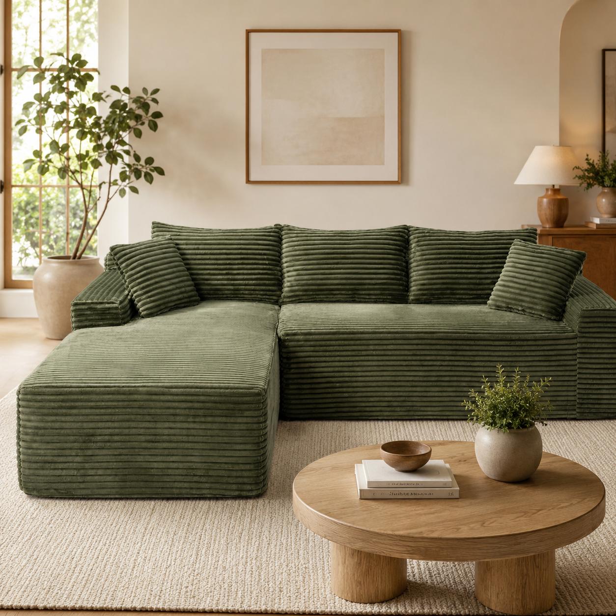 Left chaise L-shaped sectional sofa with memory foam cushions and corduroy upholstery