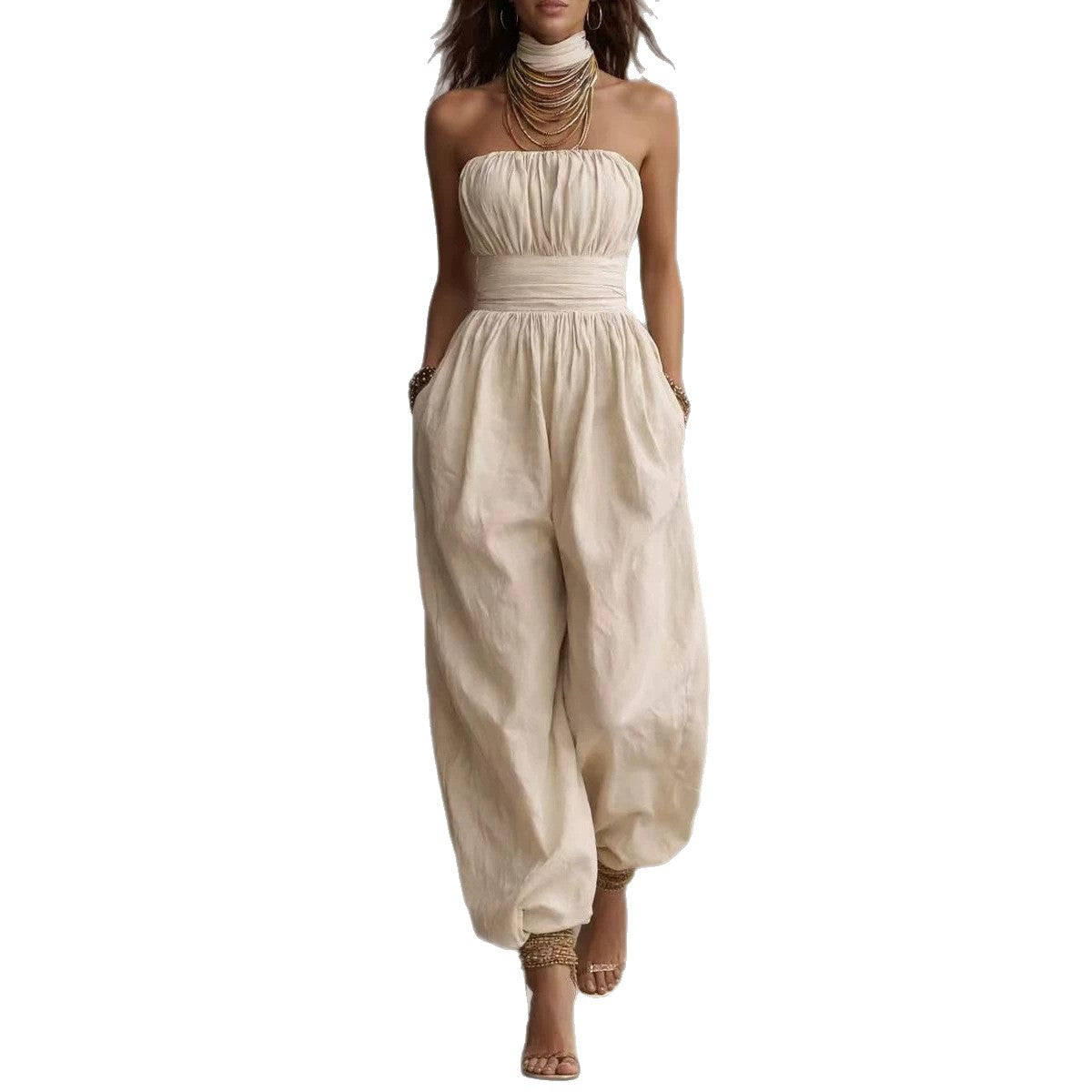 Linen-cotton Strapless Balloon-leg Jumpsuit