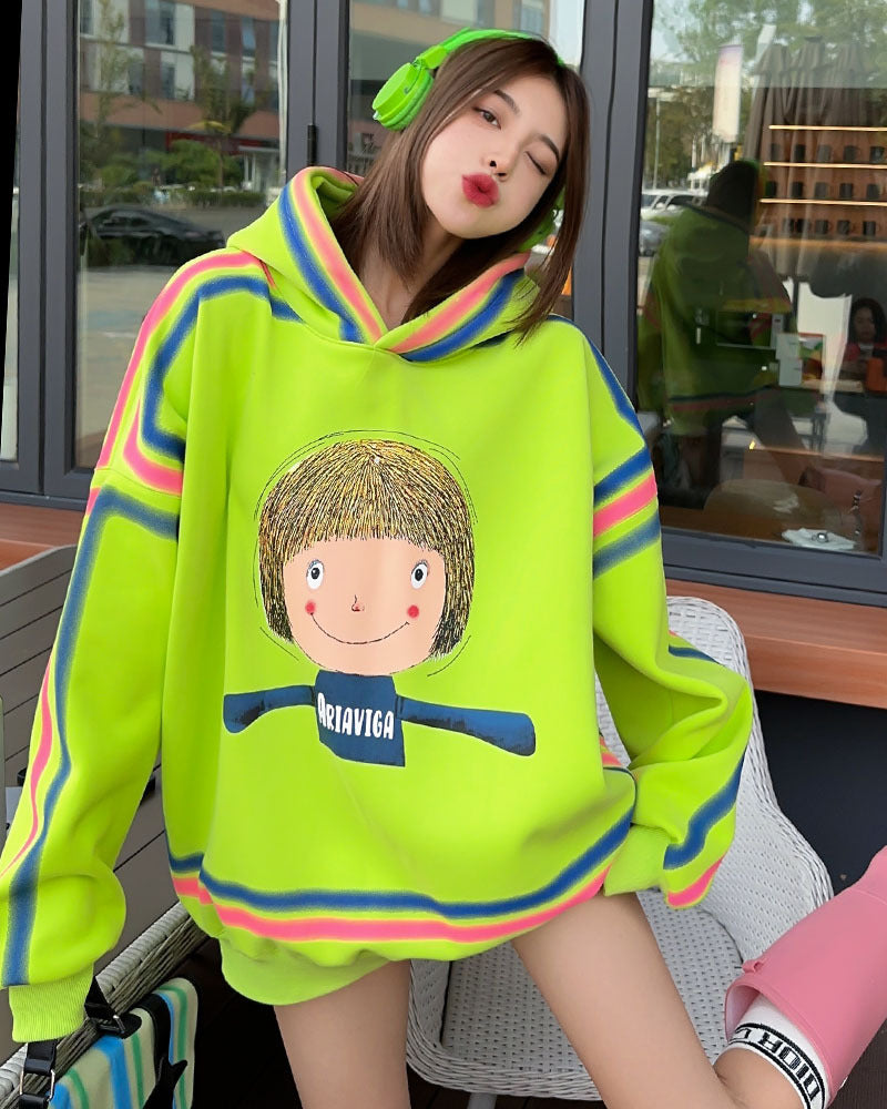 Cozy Cartoon Tie-Dye Velvet Padded Hooded Sweatshirt