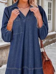 Denim V‑Neck Doll Dress with Puffed Sleeves – Casual Three‑Quarter Length