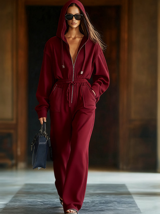 Women's Casual Hooded Zip Jumpsuit with Drawstring Waist