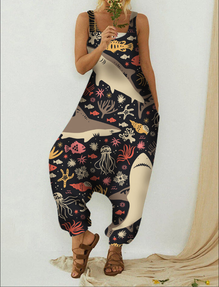 Cute Plus Size Animal Print Casual Beach Romper Overalls