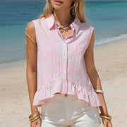 Summer New Womens Sleeveless Shirt Casual Button-Down Striped Top