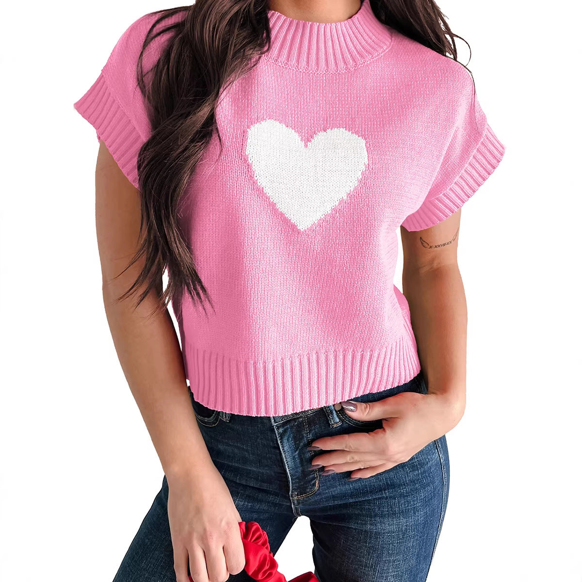 Womens Casual All-match Heart-shaped Short-sleeve Knitted Sweater