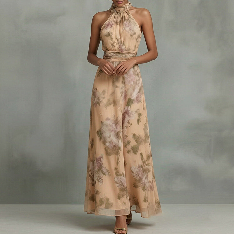 Elegant Summer Halter Neck Sleeveless Printed Long Dress