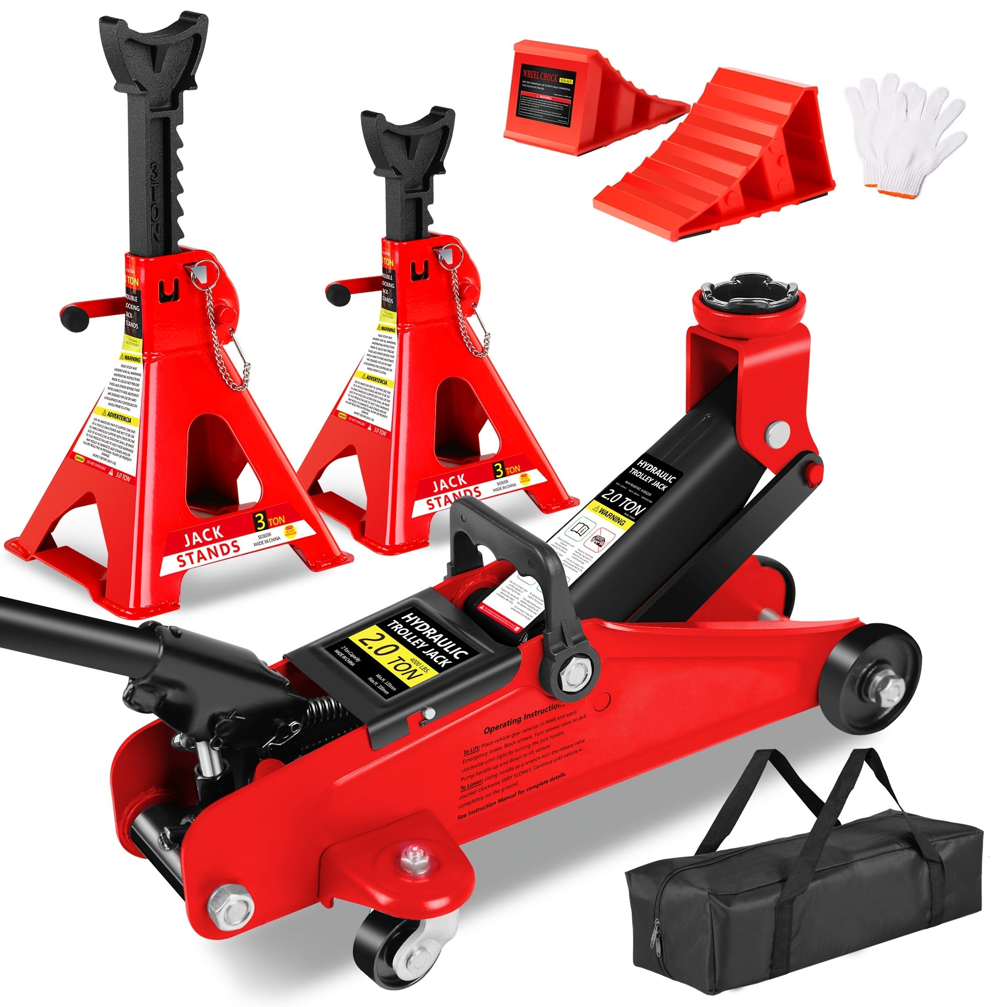 2/2.5/3 Ton Capacity Floor Car Jack Low Profile Garage Hydraulic Trolley Service Lift Floor Jack Combo with With 2 Ratchet 3 Ton Jack Stands, Tire Repair Kit, 14-inch Wheel Cross Wrench, Wheel...