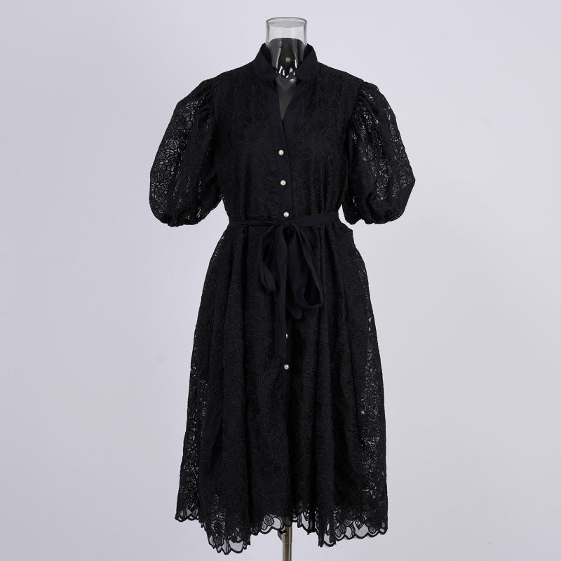 Heavy-duty French Embroidery Solid-color Oversized Tie-front Dress