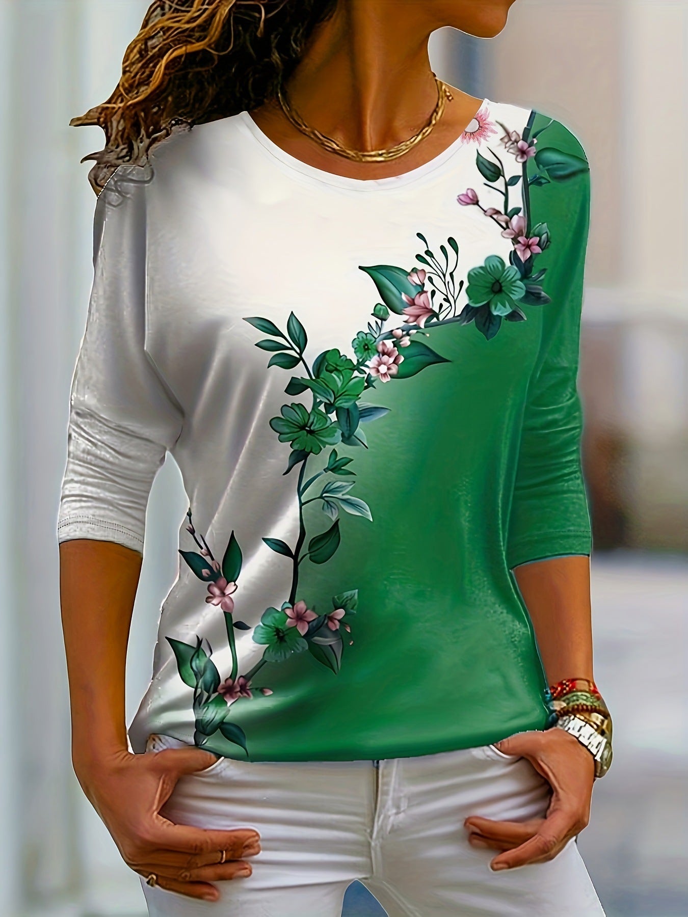 Floral Print Long Sleeve Casual Round Neck Top