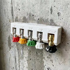 Wall-mounted pressure washer gun organizer with five 1/4 inch quick-connect holes