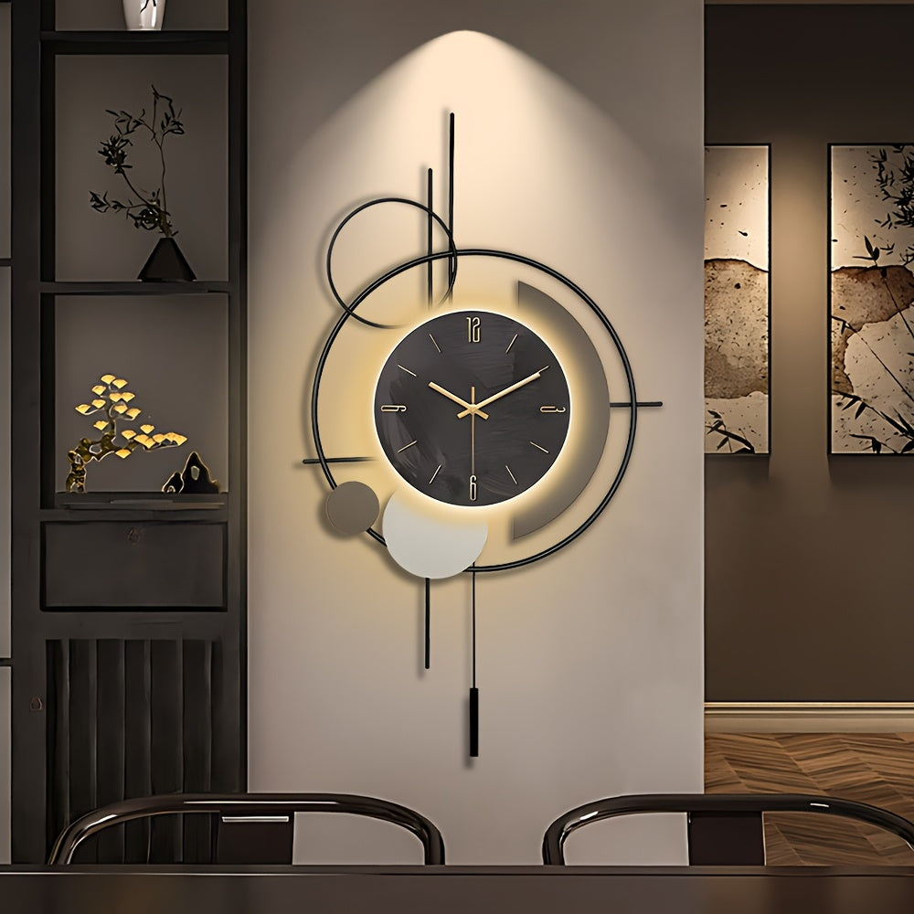 Modern Wall LED Clock Living Room, Large Black Decorative Wall Clock with Light, Creative Silent Clock Battery Operated Metal Wall Art for Entryway Bedroom Office Dinning Room Kitchen Decor