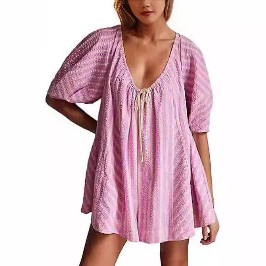 Striped V-Neck Short Sleeve Loose Casual Jumpsuit