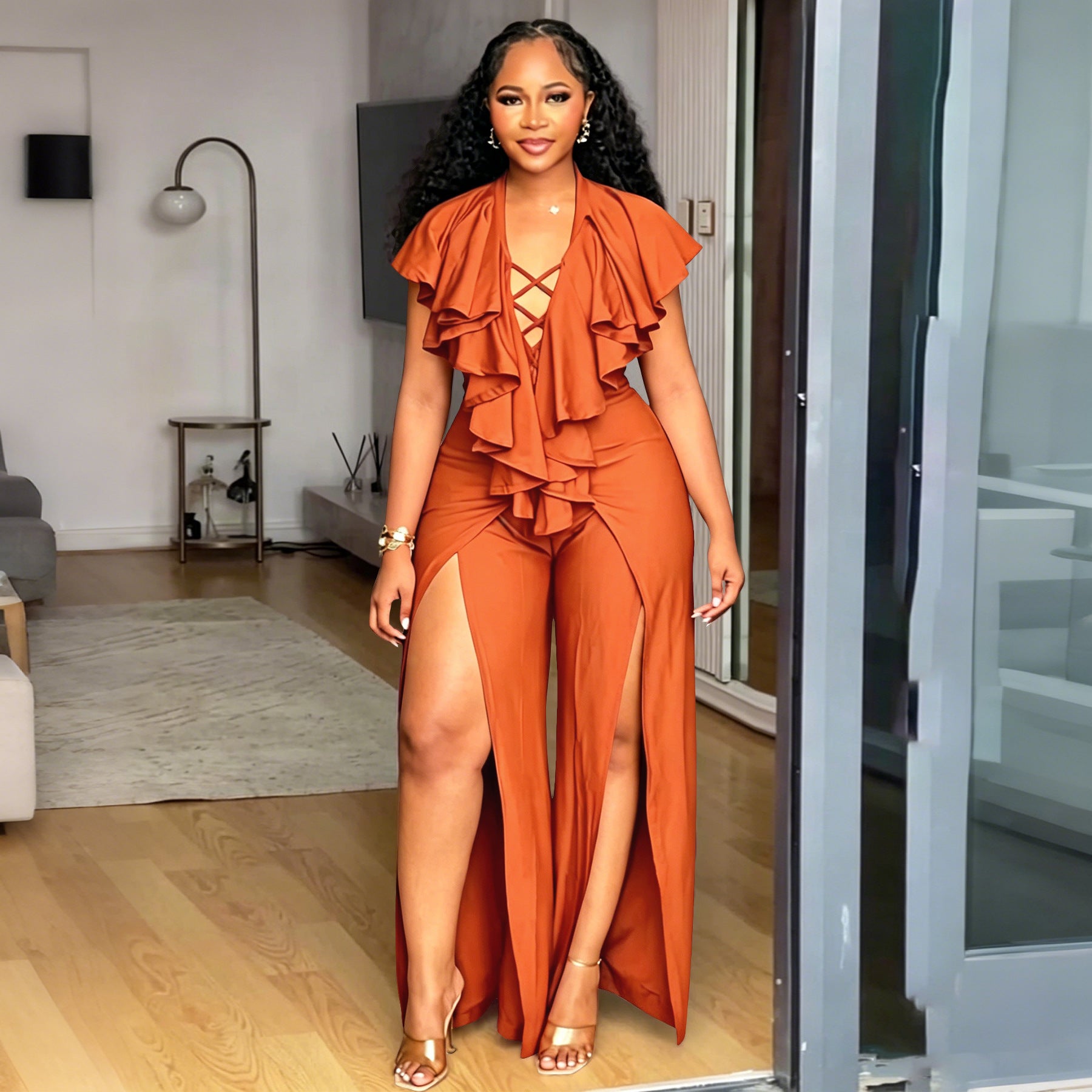 Elegant Ruffle Wide-Leg Plus Size Jumpsuit