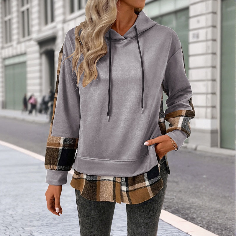 European And American Long Sleeve Plaid Colorblock Hooded Velvet Padded Sweater