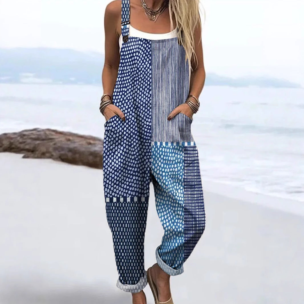 Women's Retro Printed Sleeveless Loose Jumpsuit