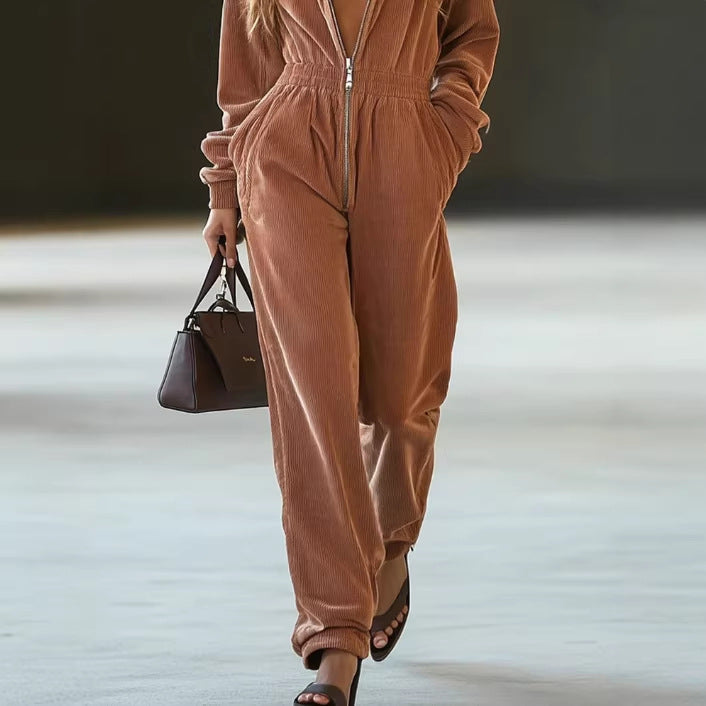 Relaxed-fit Retro Solid-color Corduroy Jumpsuit With Pockets And A Zipper