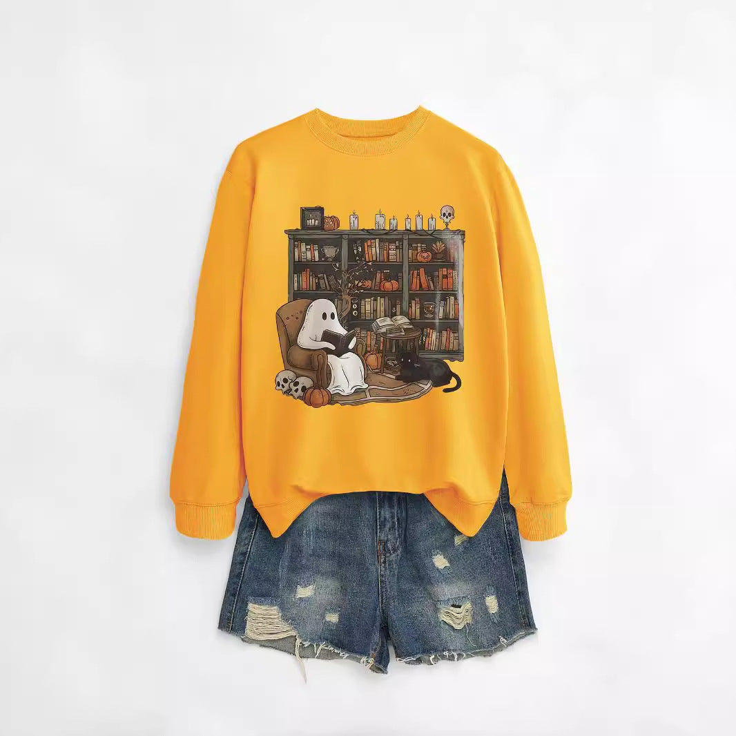 Cozy Black Cat Bookshelf Halloween Sweatshirt