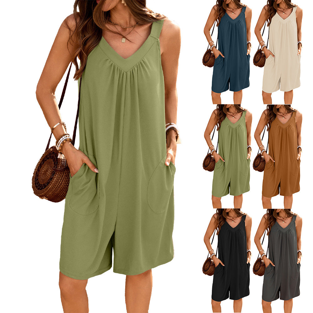 Chic V-Neck Sleeveless Wide-Leg Jumpsuit with Pockets