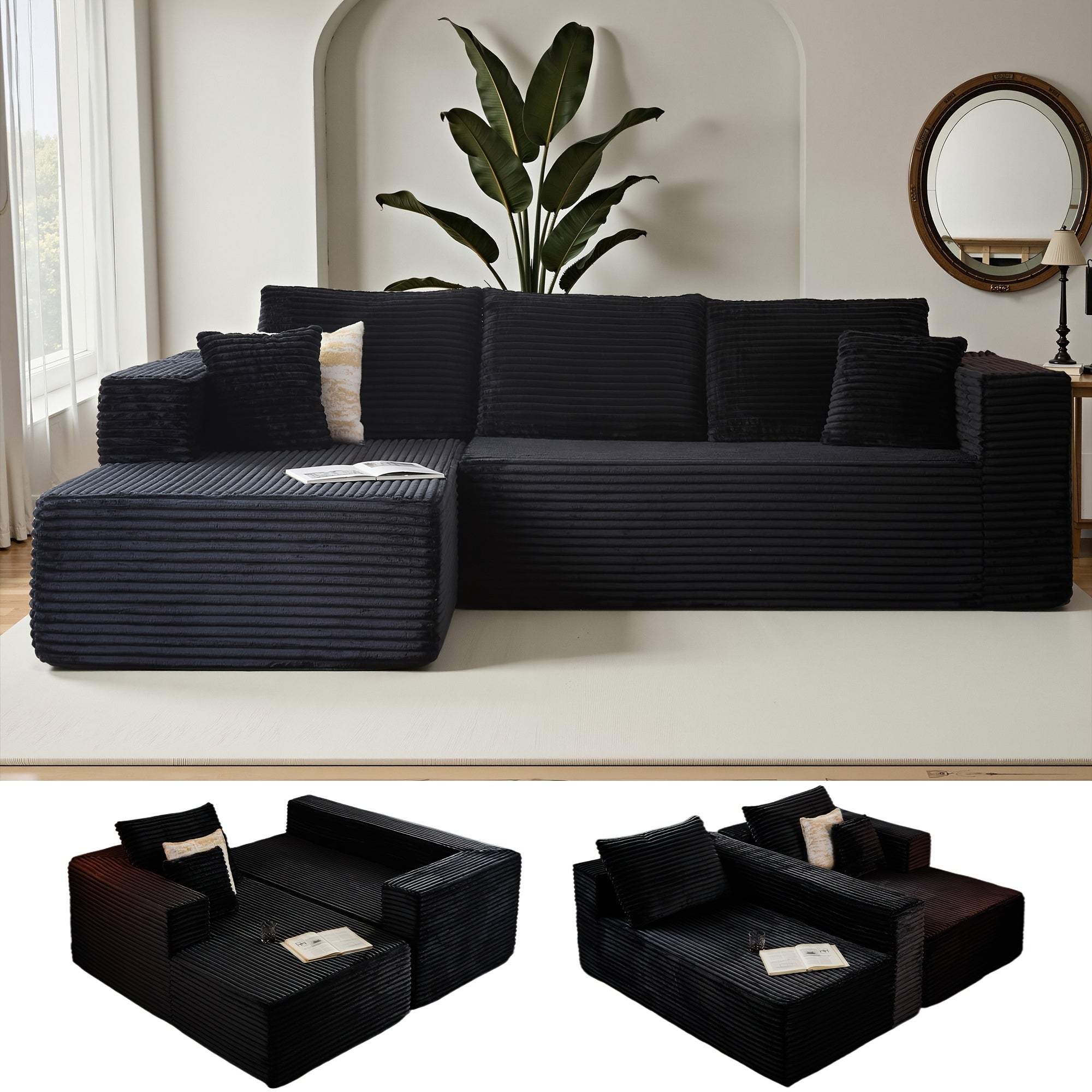 Modular L-shaped chaise longue sofa bed with deep seat and corduroy upholstery