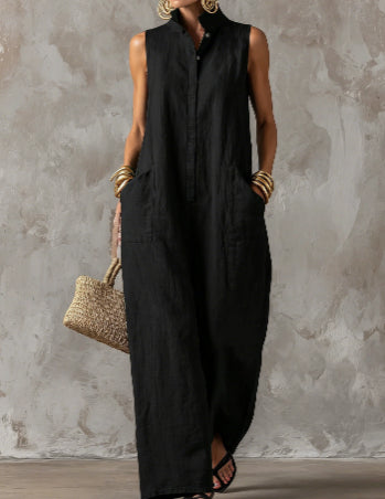 Chic Linen-Blend Stand-Collar Sleeveless Jumpsuit
