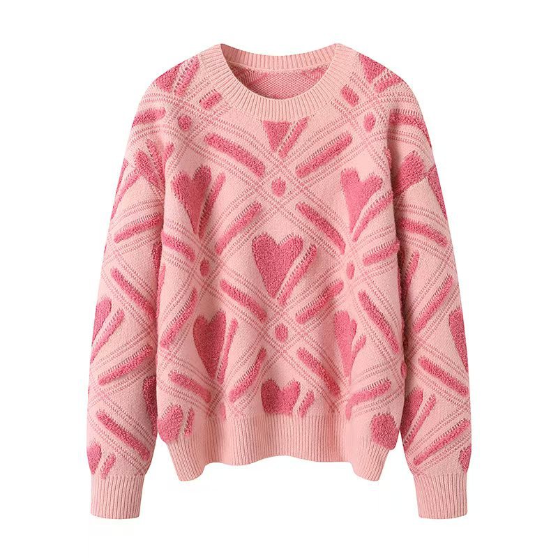 Womens Color-block Heart-shape Relaxed-fit Crew-neck Sweater