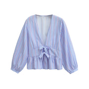 Chic French Striped Bowknot Blouse