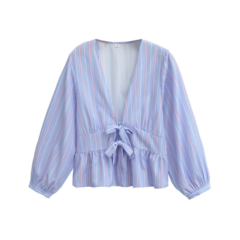 Chic French Striped Bowknot Blouse