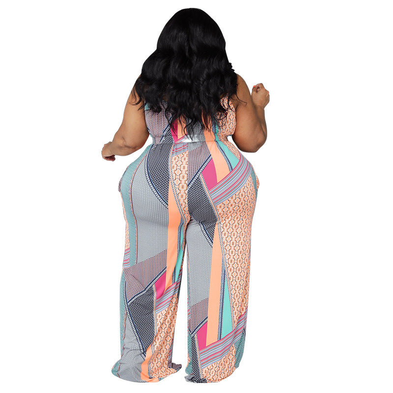 Plus Size Abstract Print Maxi Slip Overalls with Pockets