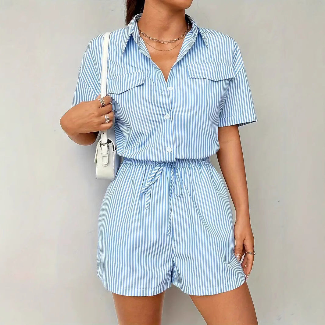 Striped Casual Short-Sleeve Belted Jumpsuit