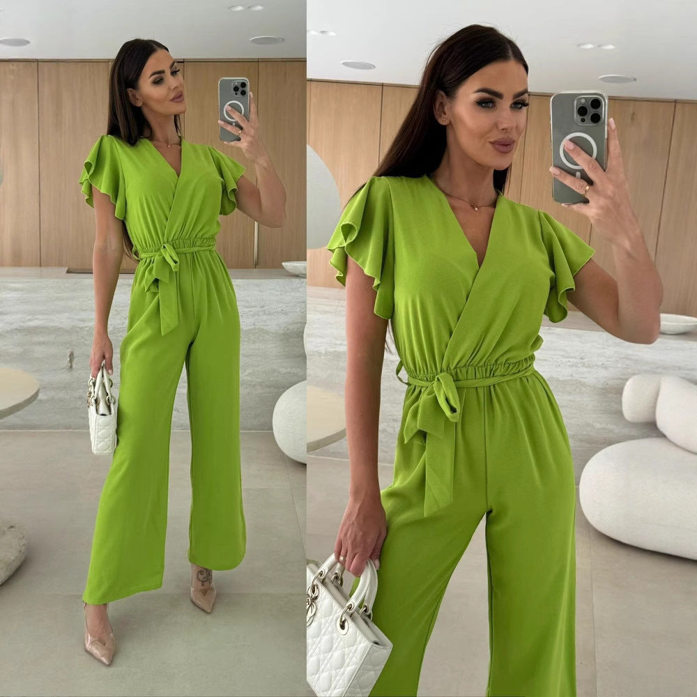 Chic V-Neck Lace-Up Waist Straight-Leg Jumpsuit