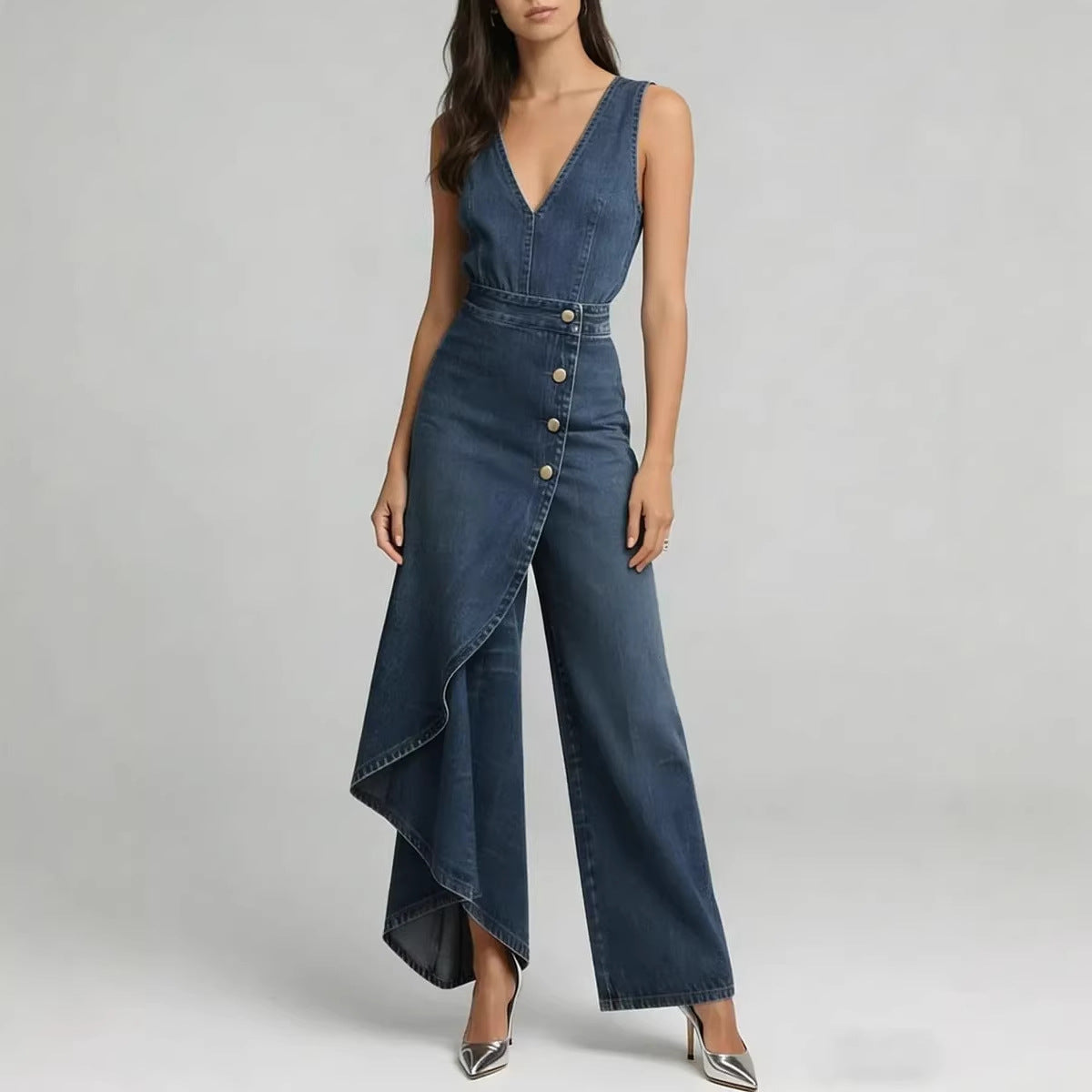 Western-style V-neck Asymmetrical Denim Jumpsuit