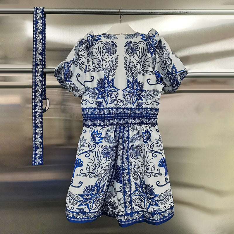Vintage Print Ruffled Fly-Sleeve Jumpsuit for Women