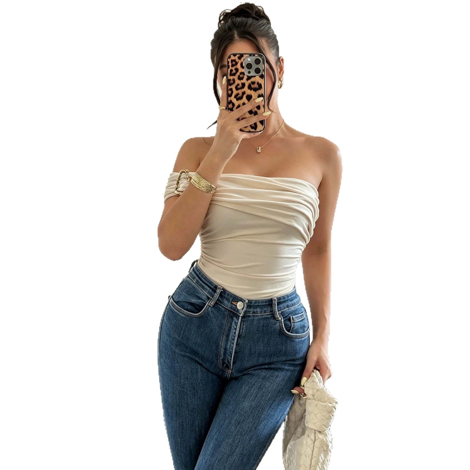 New Womens Elegant Jumpsuit With Off-shoulder Design Pleating And Metal Buttons