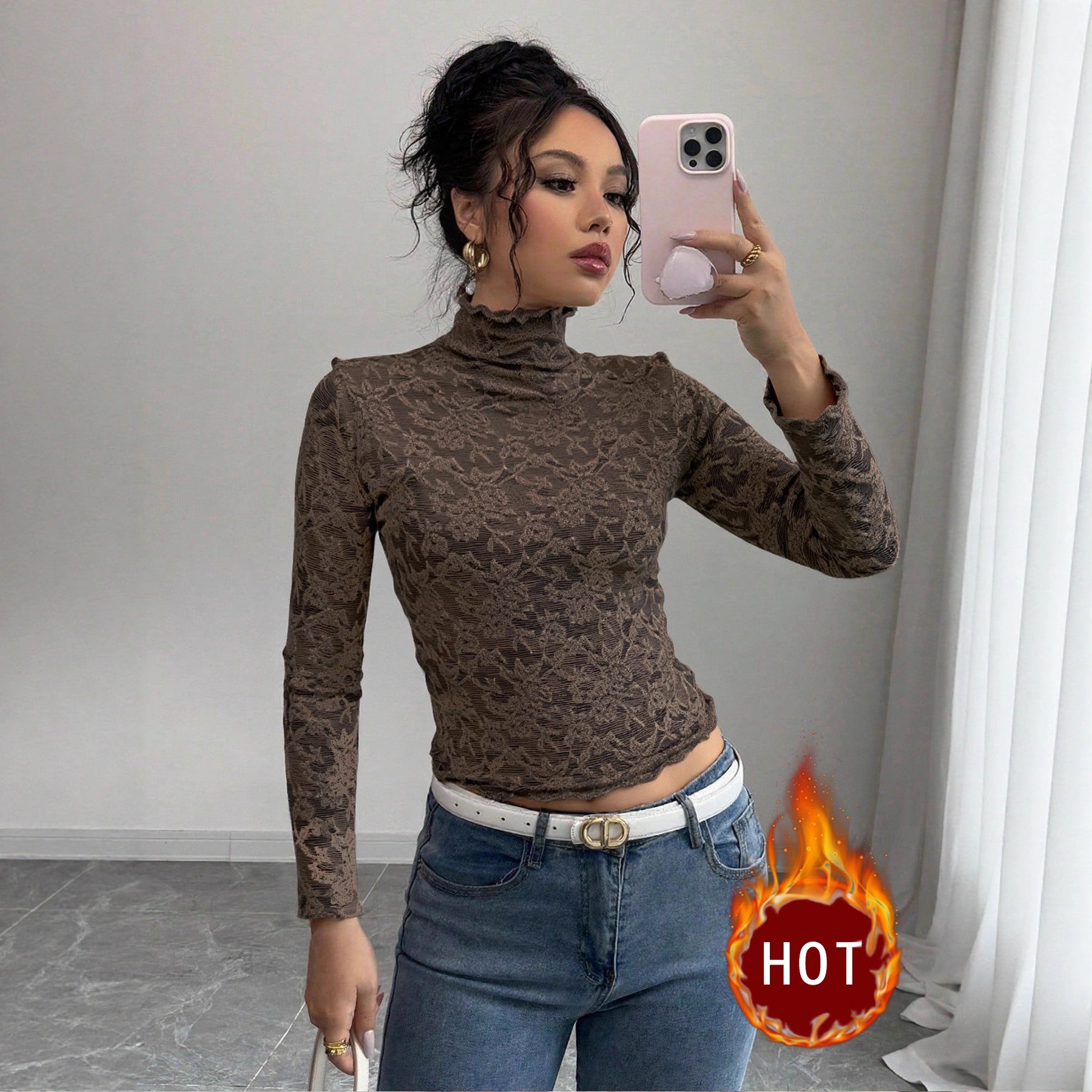 Fleece‑Lined Warm Half‑High‑Neck Top with Mesh Panels