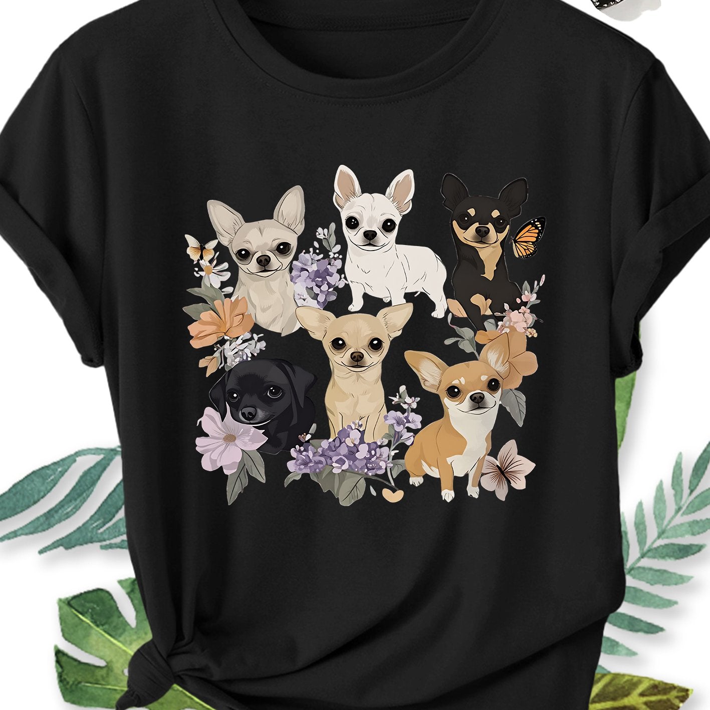 Ladies' Plus Size Short Sleeve T-Shirt with Chihuahua Dog Floral Print, Crew Neck