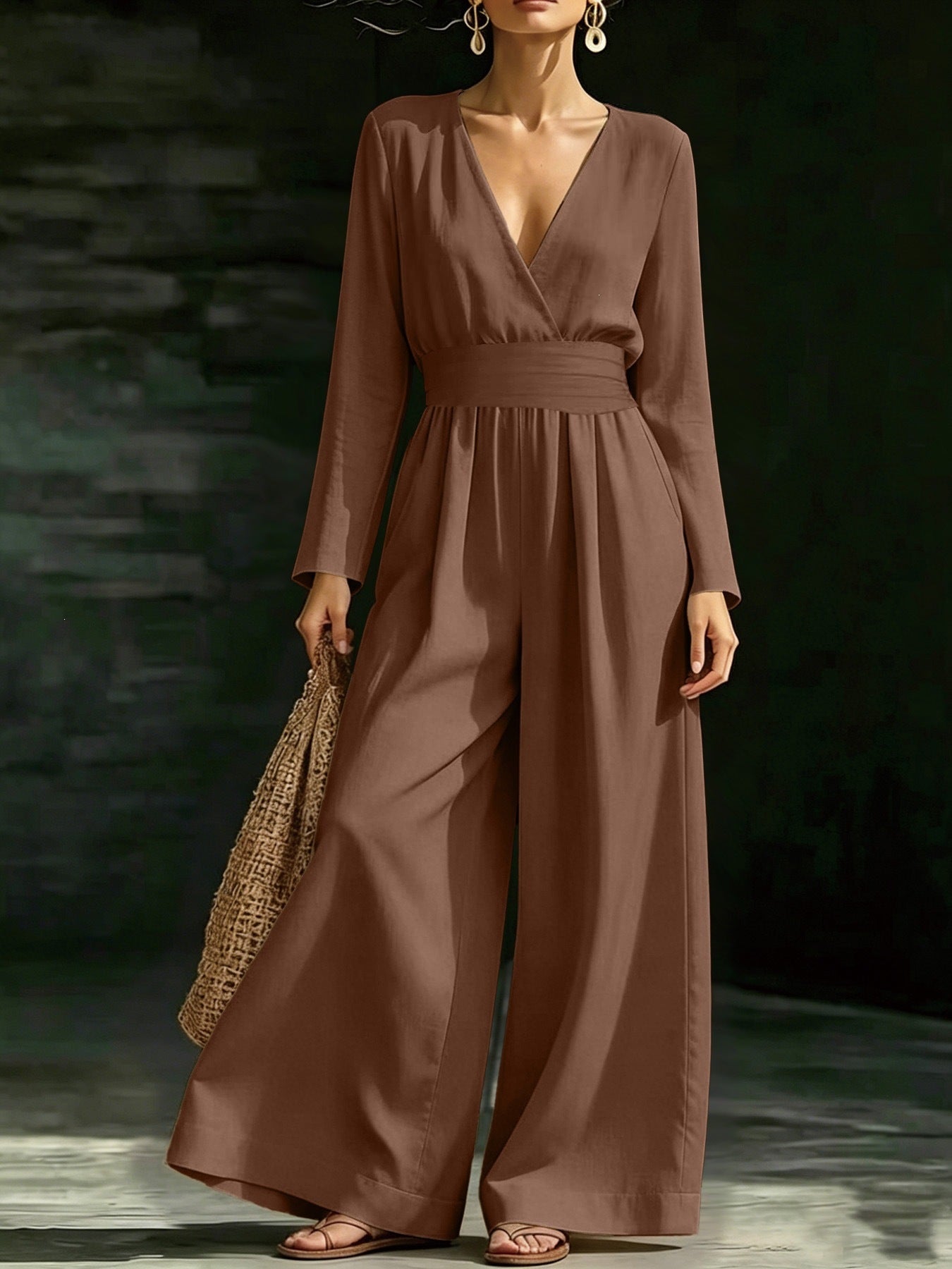 Elegant Long-Sleeve V-Neck Knit Jumpsuit for Women
