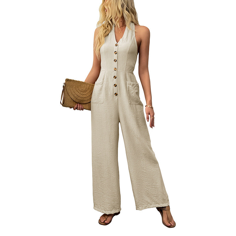Chic Solid Color Halter Wide-Leg Jumpsuit