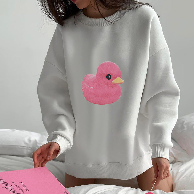 Cozy Duck Print Fleece Hoodie Casual Slim Fit Sweatshirt