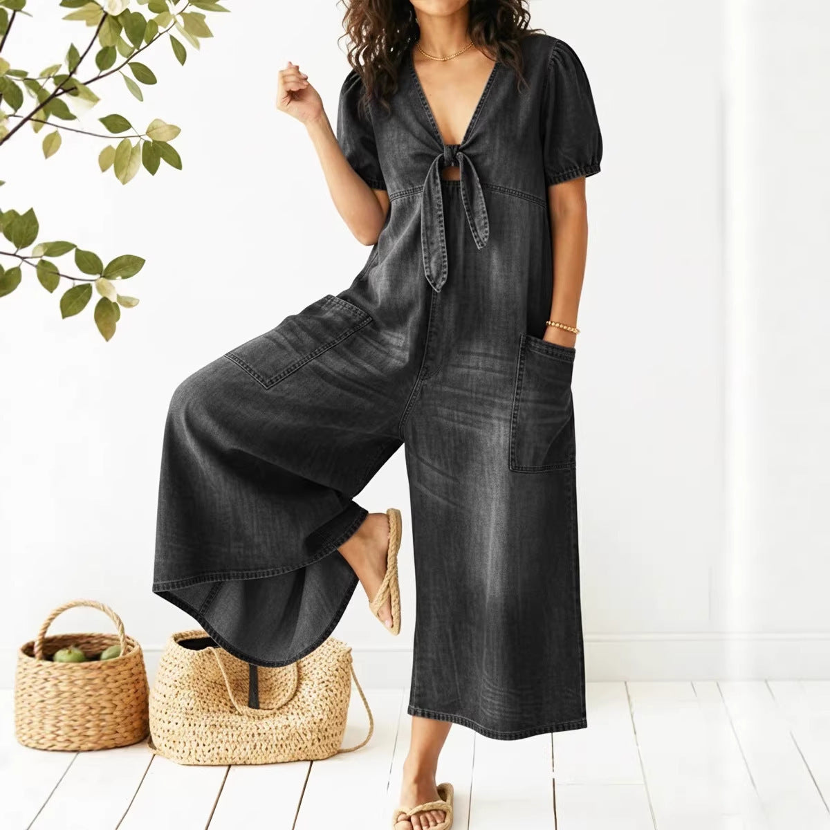 Womens Short-Sleeve V-Neck Denim Jumpsuit