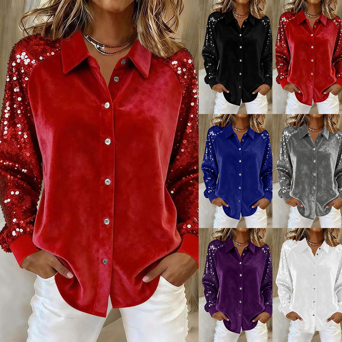 New Womens Long-sleeve Shirt In Gold Velvet With Sequin Patchwork