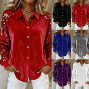 New Womens Long-sleeve Shirt In Gold Velvet With Sequin Patchwork