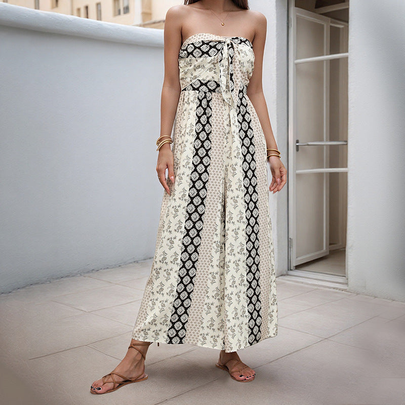 Women's Retro Geometric Print Wide-Leg Jumpsuit
