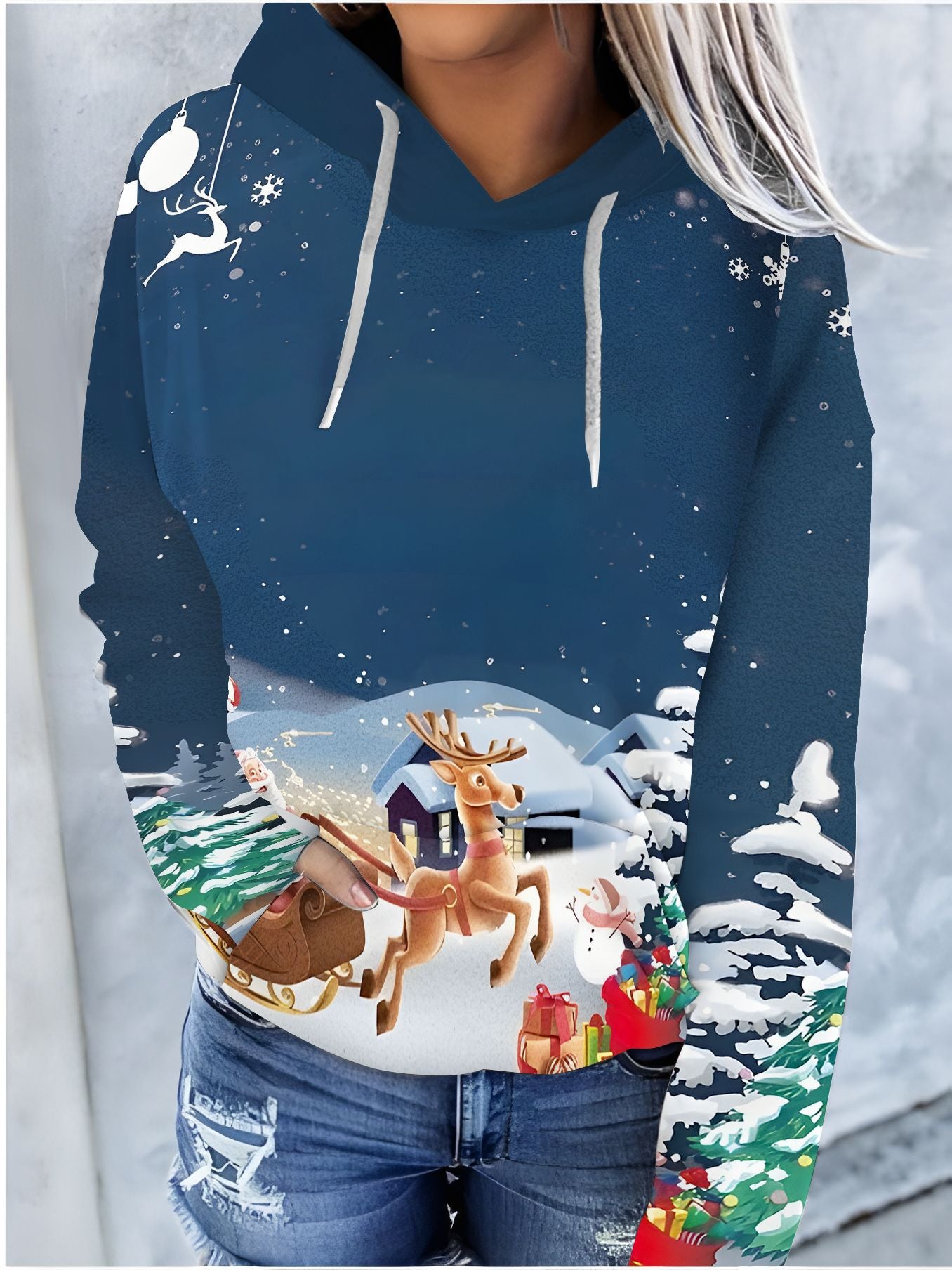 Festive Christmas Print Drawstring Hoodie