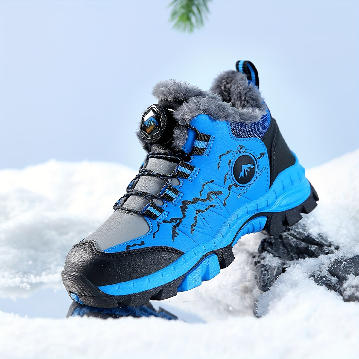 Low‑Top Cartoon Mountain Print Snow Boots for Boys – Warm Thick Winter Shoes