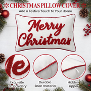 Merry Christmas Embroidered Throw Pillow Cover, Holiday Lumbar Cushion Case for Sofa Couch
