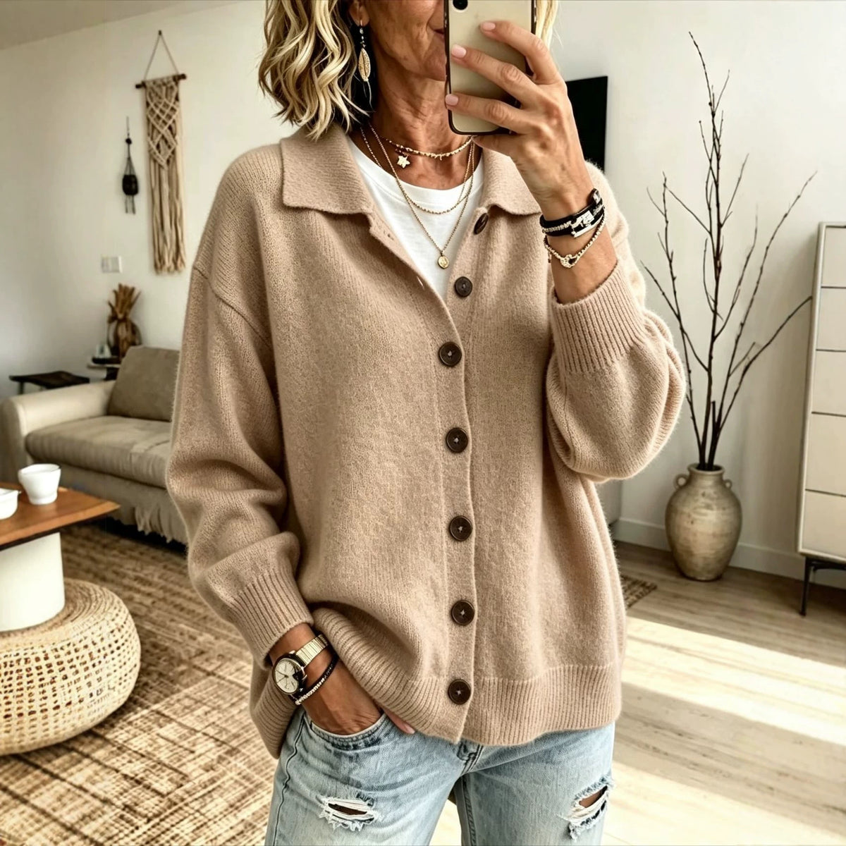 Knitted Cardigan with Buttons and a Lapel Womens Outerwear