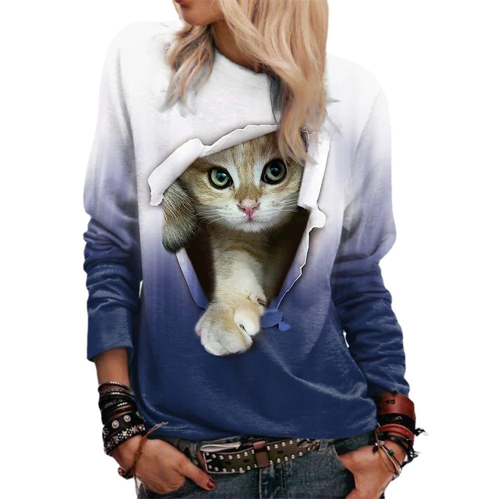 Gradient Cat Print Casual Pullover Sweatshirt